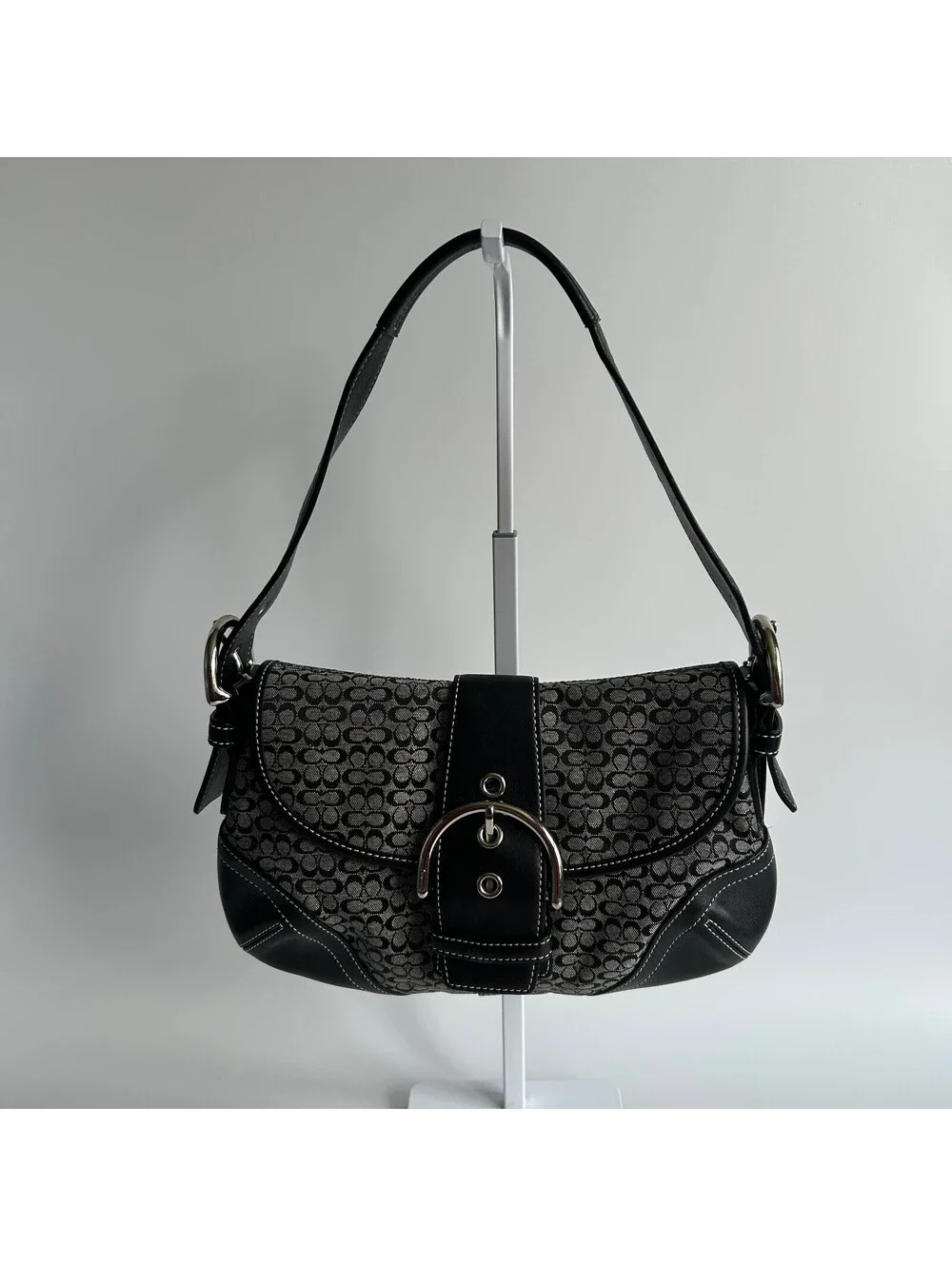 Coach Soho Black Grey Signature Monogram Shoulder Bag Leather Trim Buckle Purse
